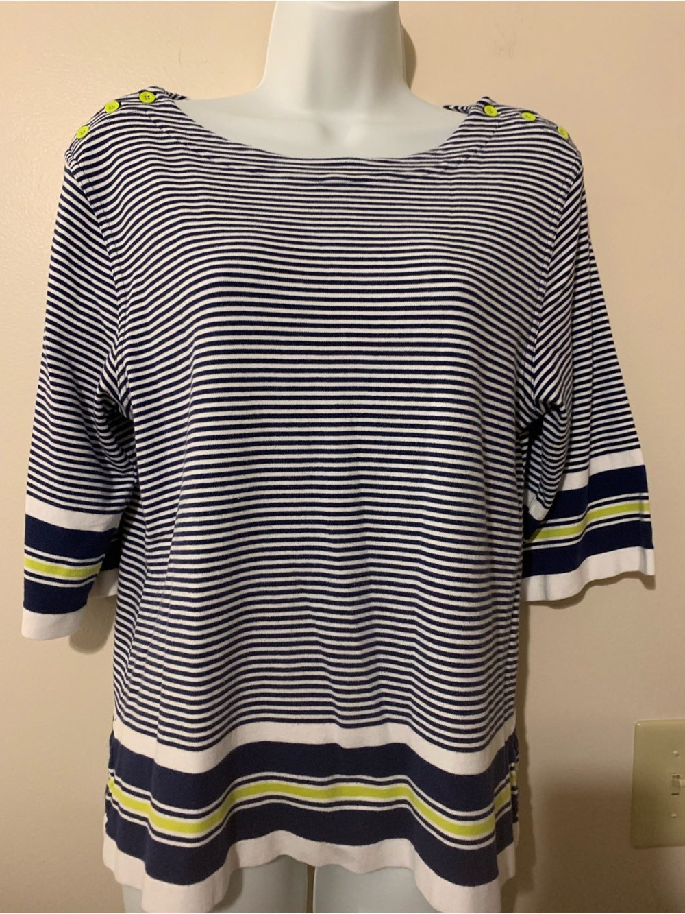 Joan Vass Navy, White & Lime Striped Boatneck Tunic
